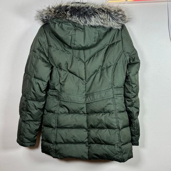 Larry Levine Down Puffer Mid Length Coat Removable Hood Fur Trim Olive Green S - Picture 7 of 10